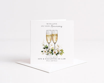 Anniversary Card for Son and Daughter in Law, Personalised Family Anniversary Card, Champagne Glasses Wedding Anniversary Card
