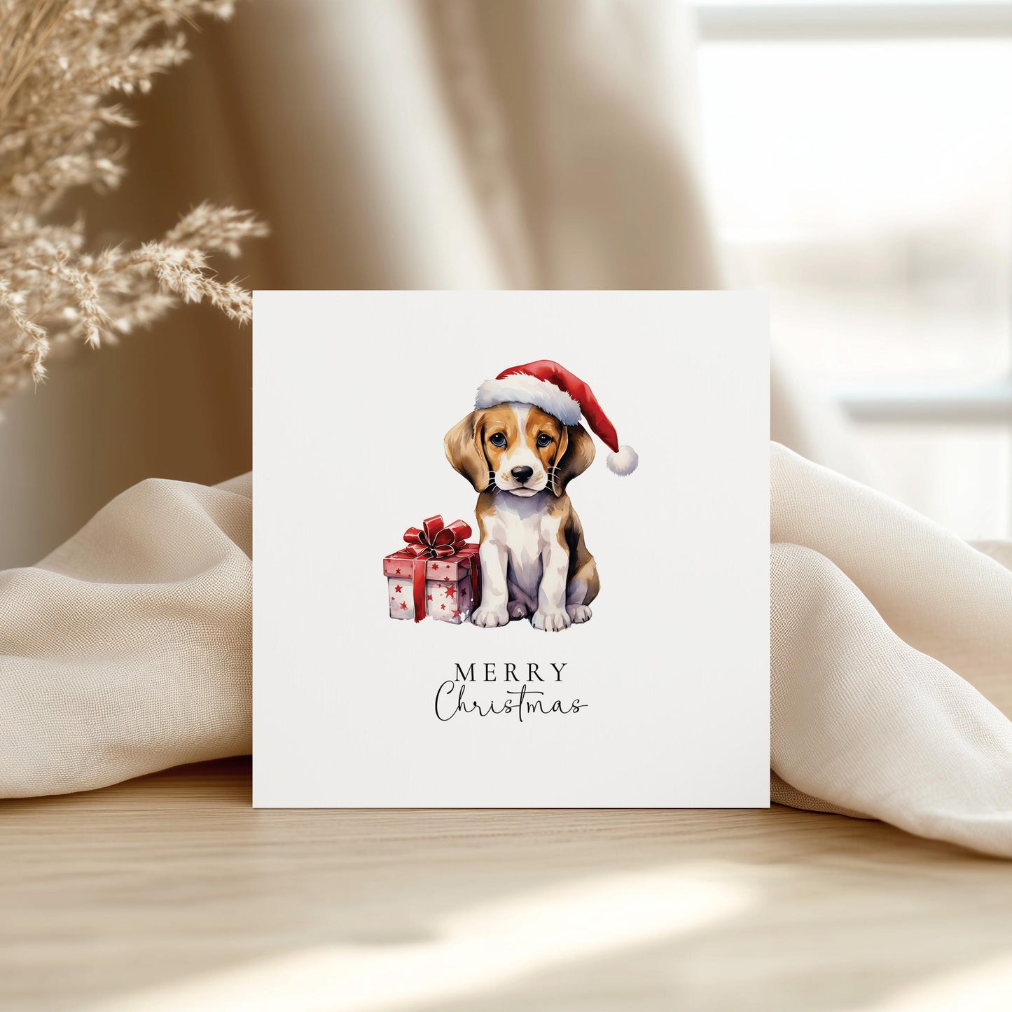 Merry Christmas Beagle Card, Cute Puppy in Santa Hat, Dog Christmas Card, Christmas Card for Dog Lovers, Festive Pet Greeting Card