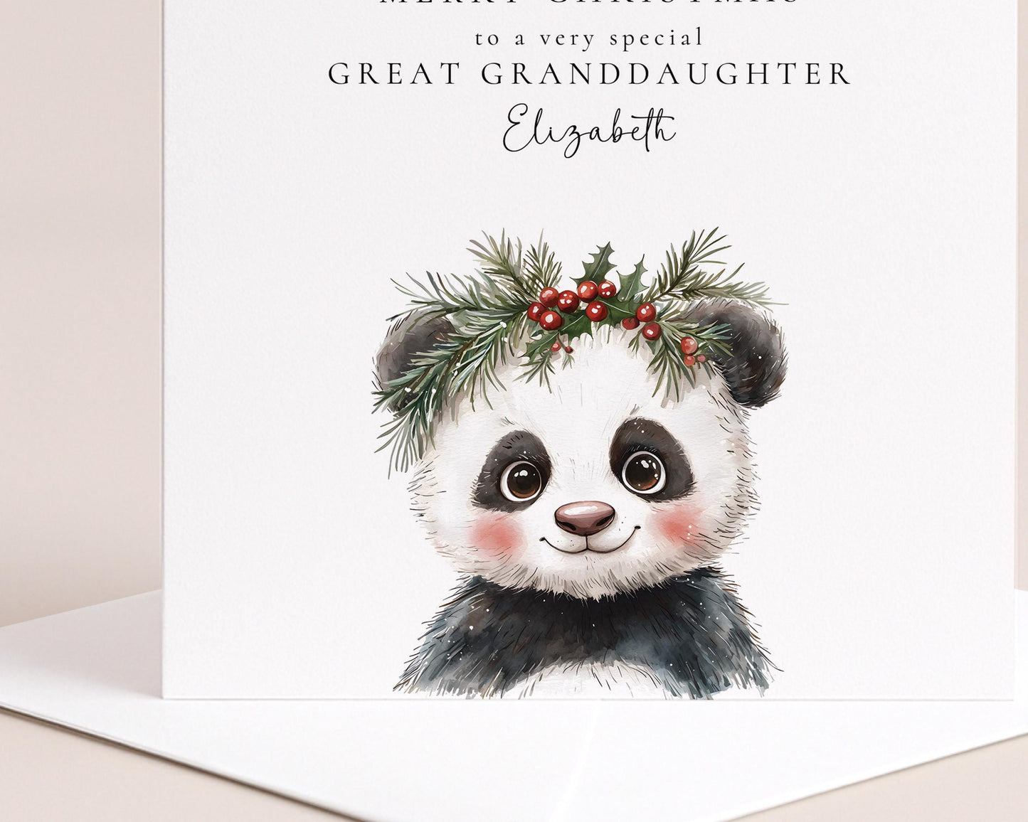 Great Granddaughter Christmas Card, Cute Panda Xmas Card, Personalised Christmas Card for Great Granddaughter, Custom Name Card UK