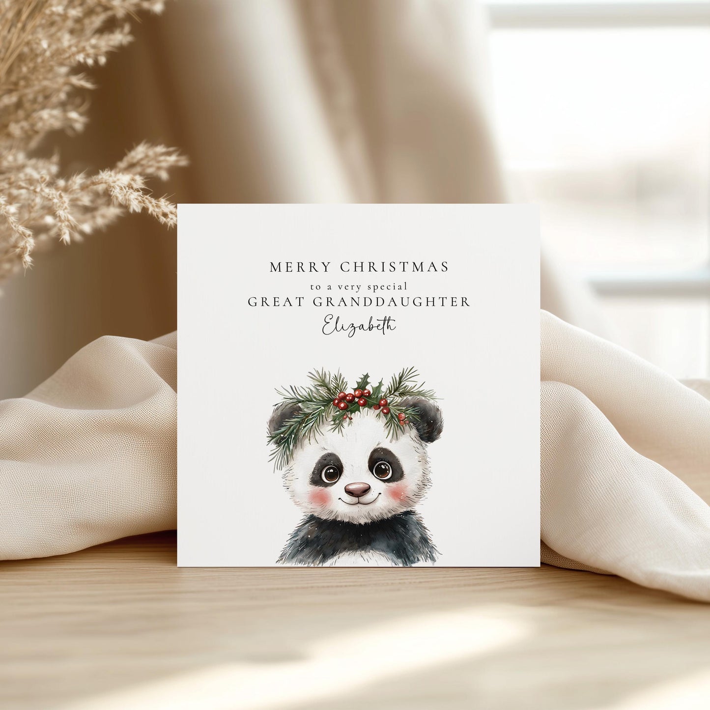 Great Granddaughter Christmas Card, Cute Panda Xmas Card, Personalised Christmas Card for Great Granddaughter, Custom Name Card UK