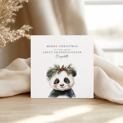 Great Granddaughter Christmas Card, Cute Panda Xmas Card, Personalised Christmas Card for Great Granddaughter, Custom Name Card UK