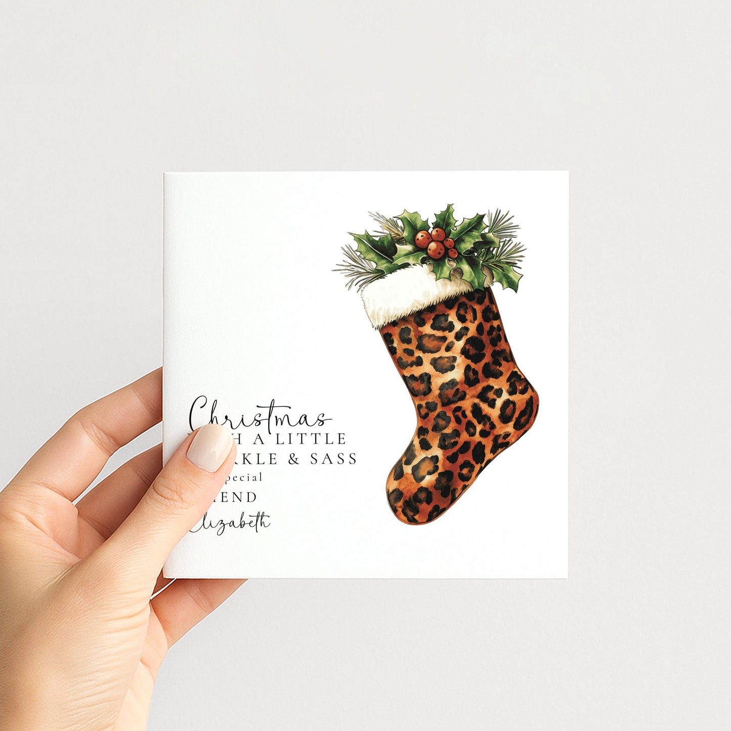 Personalised Leopard Print Christmas Card, Sparkle & Sass Xmas Card, Custom Name Christmas Card for Friend, Funny Festive Card