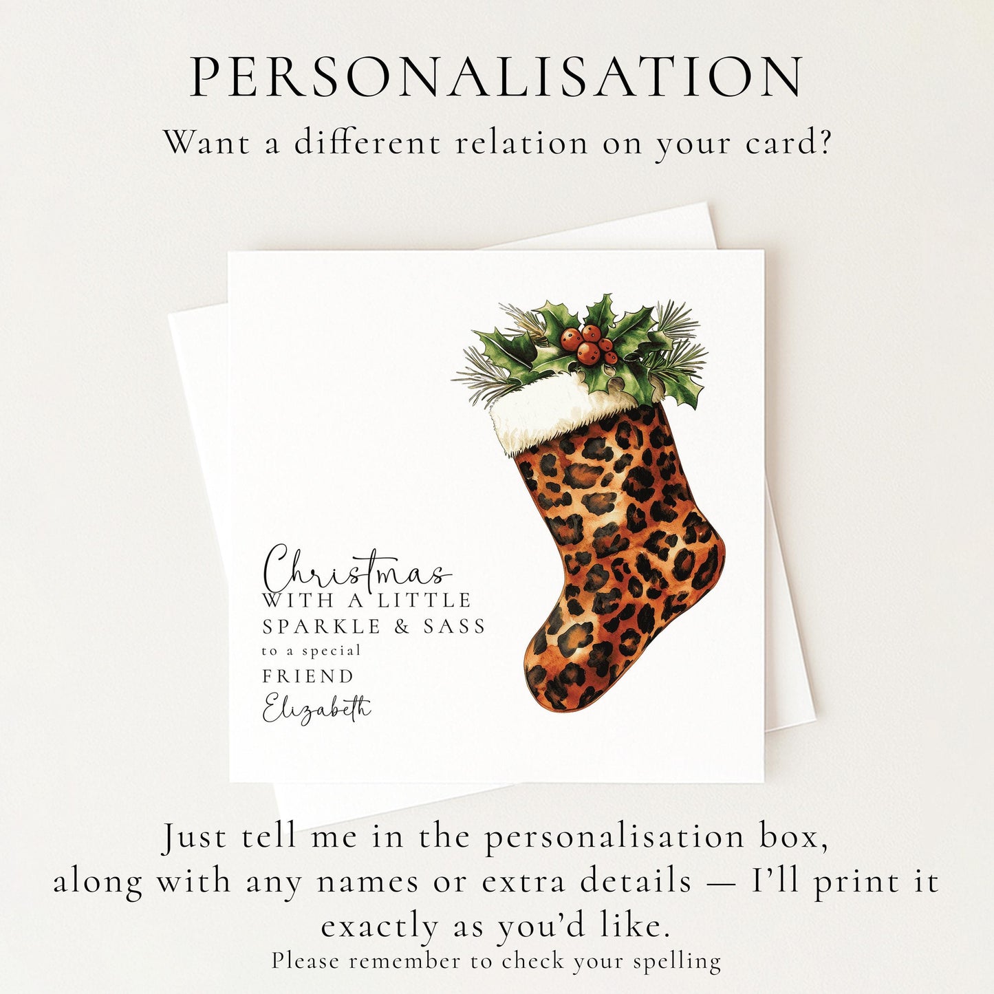Personalised Leopard Print Christmas Card, Sparkle & Sass Xmas Card, Custom Name Christmas Card for Friend, Funny Festive Card