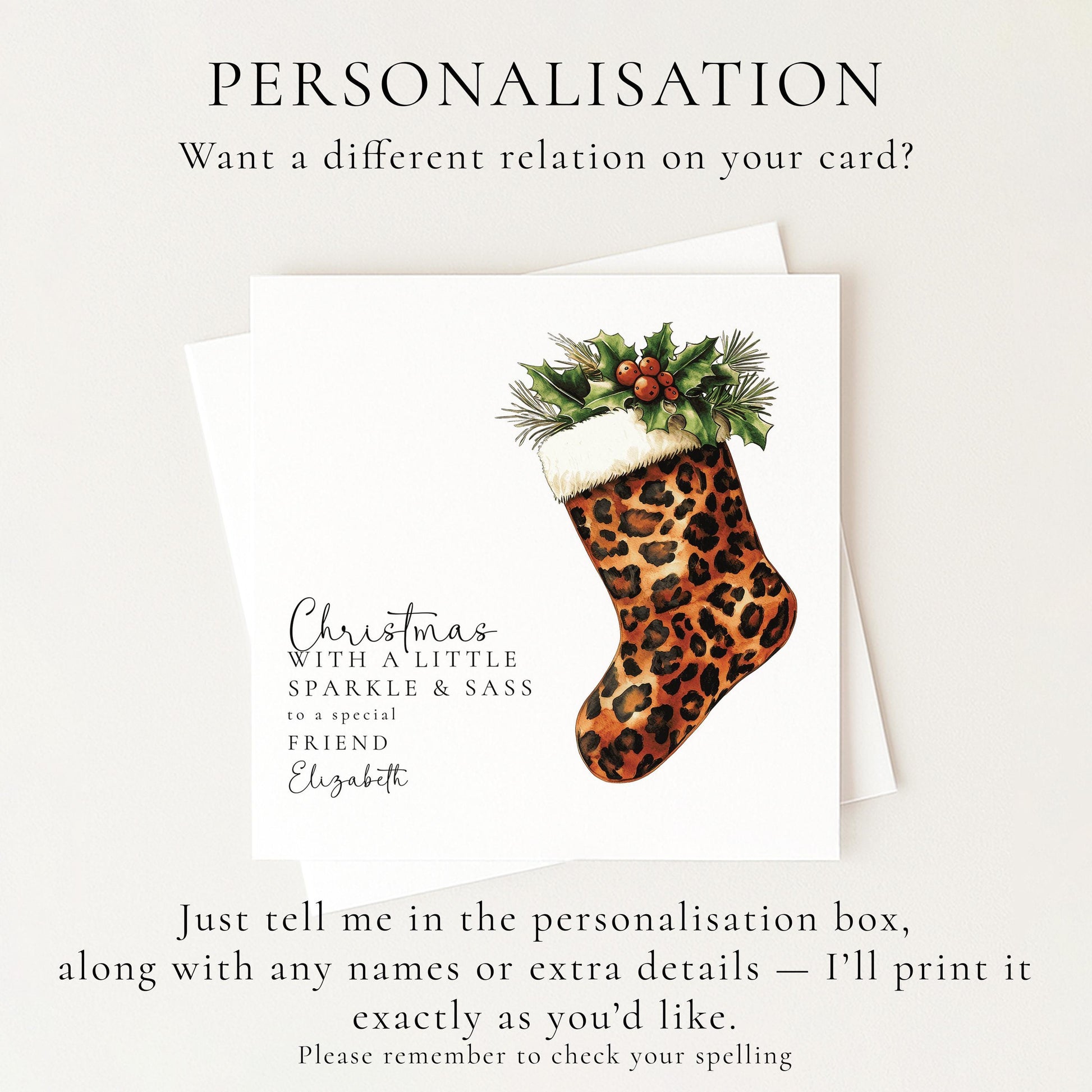 Personalised Leopard Print Christmas Card, Sparkle & Sass Xmas Card, Custom Name Christmas Card for Friend, Funny Festive Card