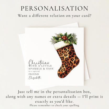 Personalised Leopard Print Christmas Card, Sparkle & Sass Xmas Card, Custom Name Christmas Card for Friend, Funny Festive Card
