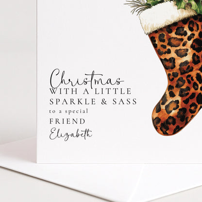 Personalised Leopard Print Christmas Card, Sparkle & Sass Xmas Card, Custom Name Christmas Card for Friend, Funny Festive Card