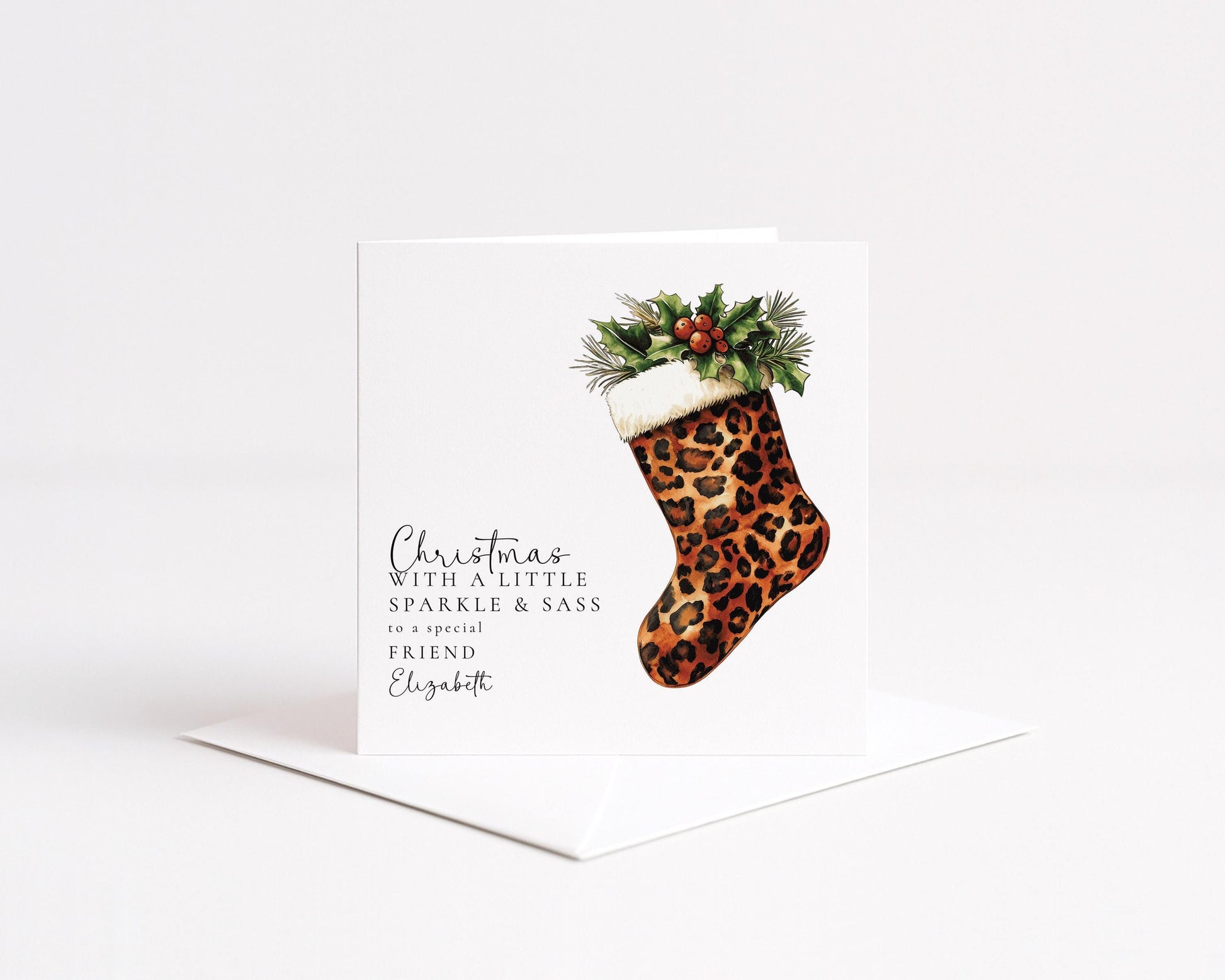 Personalised Leopard Print Christmas Card, Sparkle & Sass Xmas Card, Custom Name Christmas Card for Friend, Funny Festive Card