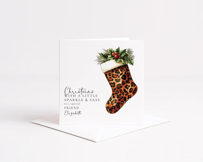 Personalised Leopard Print Christmas Card, Sparkle & Sass Xmas Card, Custom Name Christmas Card for Friend, Funny Festive Card