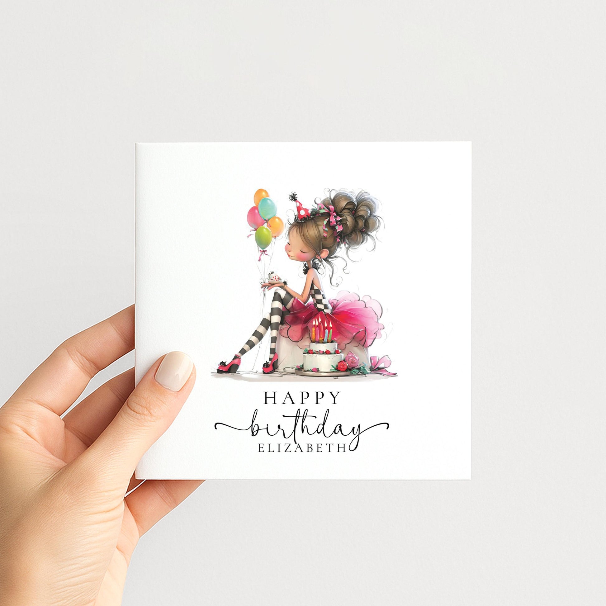 Personalised Girl Birthday Card, Cute Birthday Girl Illustration, Custom Name Card, Pink Birthday Card for Daughter, Granddaughter, Niece