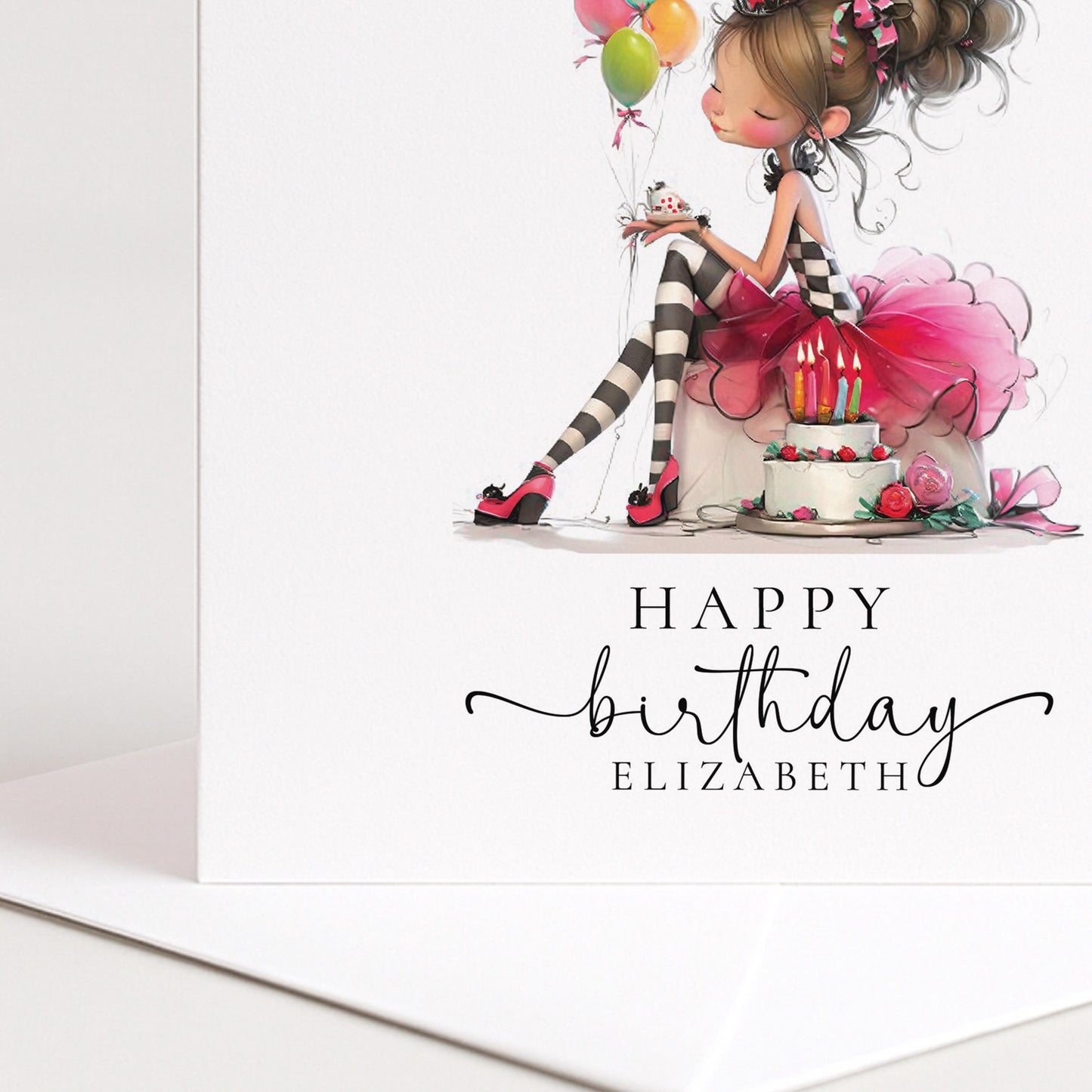 Personalised Girl Birthday Card, Cute Birthday Girl Illustration, Custom Name Card, Pink Birthday Card for Daughter, Granddaughter, Niece