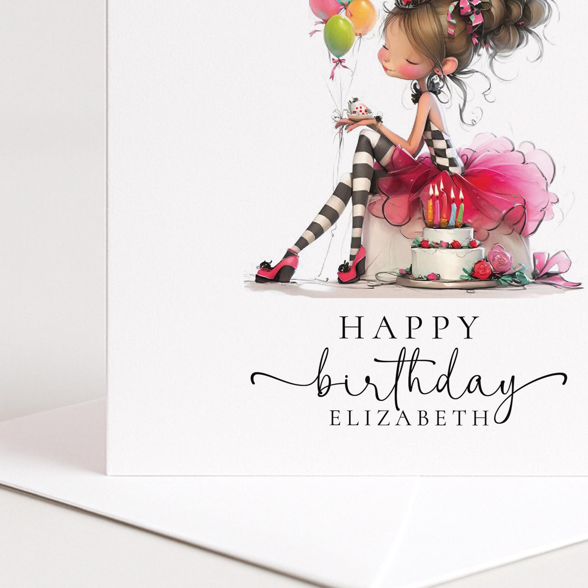 Personalised Girl Birthday Card, Cute Birthday Girl Illustration, Custom Name Card, Pink Birthday Card for Daughter, Granddaughter, Niece