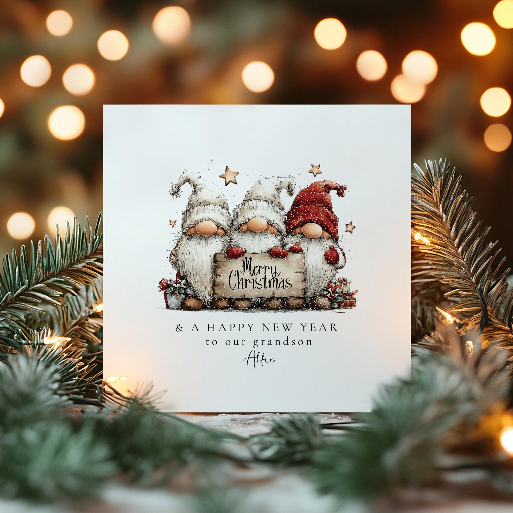 Christmas Card for Grandson, Cute Gnome Christmas Card, Merry Christmas and Happy New Year Card, Personalised Gonk Card