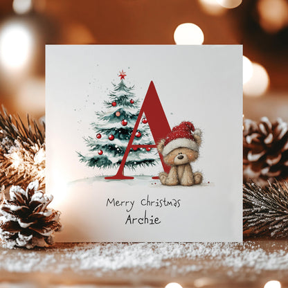 Letter A Christmas Card, Personalised Initial Xmas Card, Cute Bear Christmas Card for Kids, Grandchild