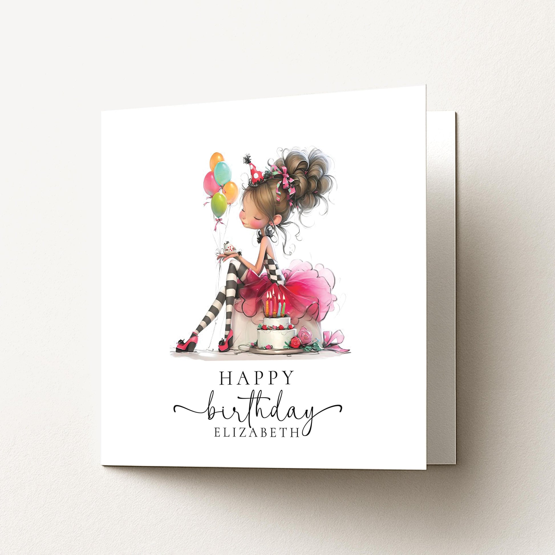Personalised Girl Birthday Card, Cute Birthday Girl Illustration, Custom Name Card, Pink Birthday Card for Daughter, Granddaughter, Niece