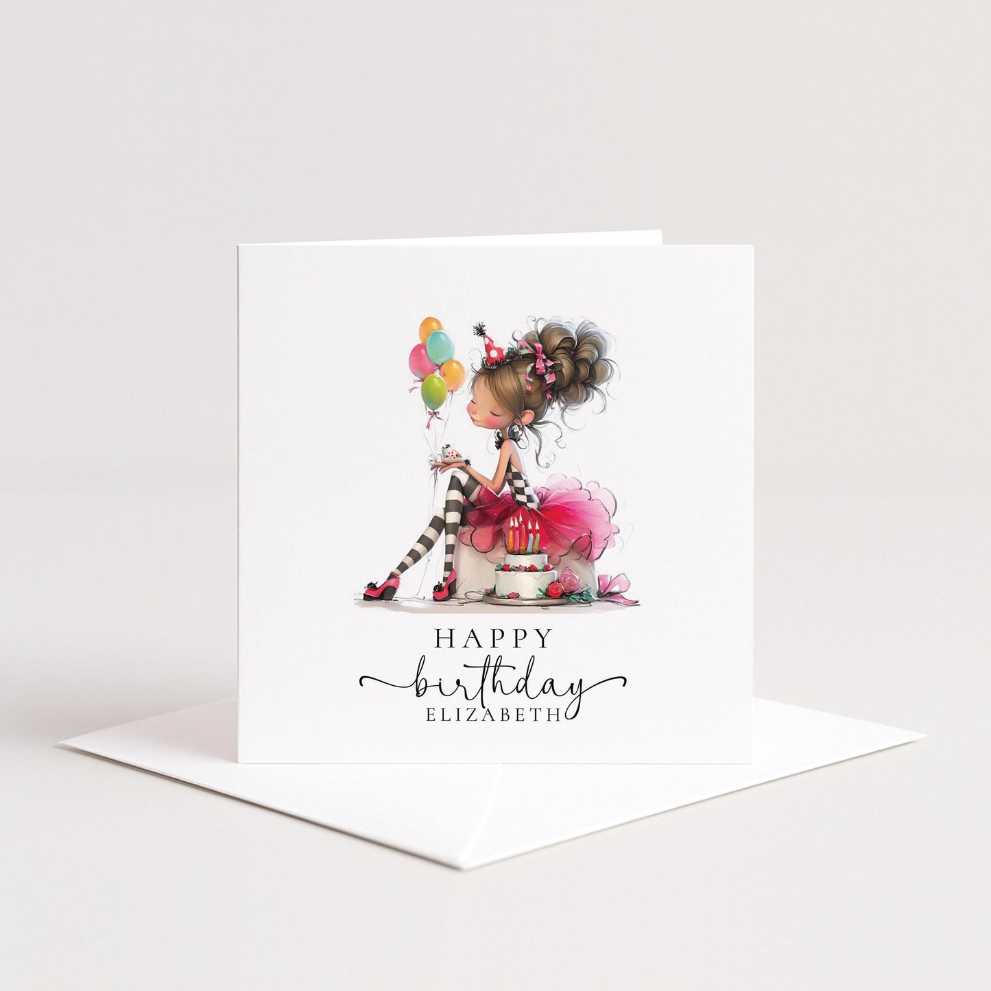 Personalised Girl Birthday Card, Cute Birthday Girl Illustration, Custom Name Card, Pink Birthday Card for Daughter, Granddaughter, Niece