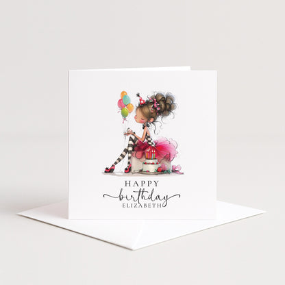 Personalised Girl Birthday Card, Cute Birthday Girl Illustration, Custom Name Card, Pink Birthday Card for Daughter, Granddaughter, Niece