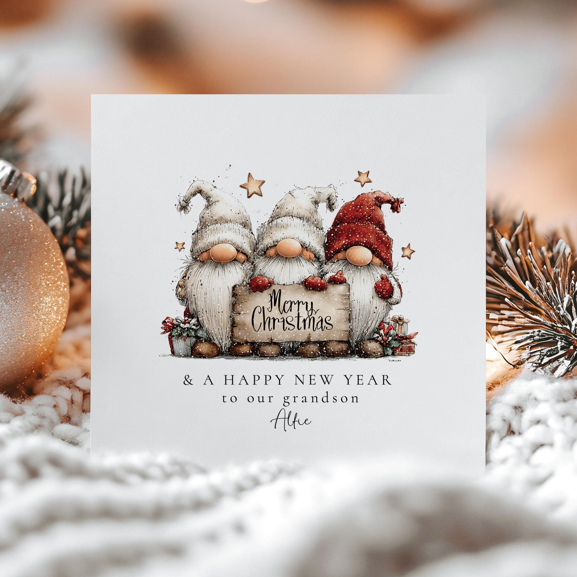 Christmas Card for Grandson, Cute Gnome Christmas Card, Merry Christmas and Happy New Year Card, Personalised Gonk Card