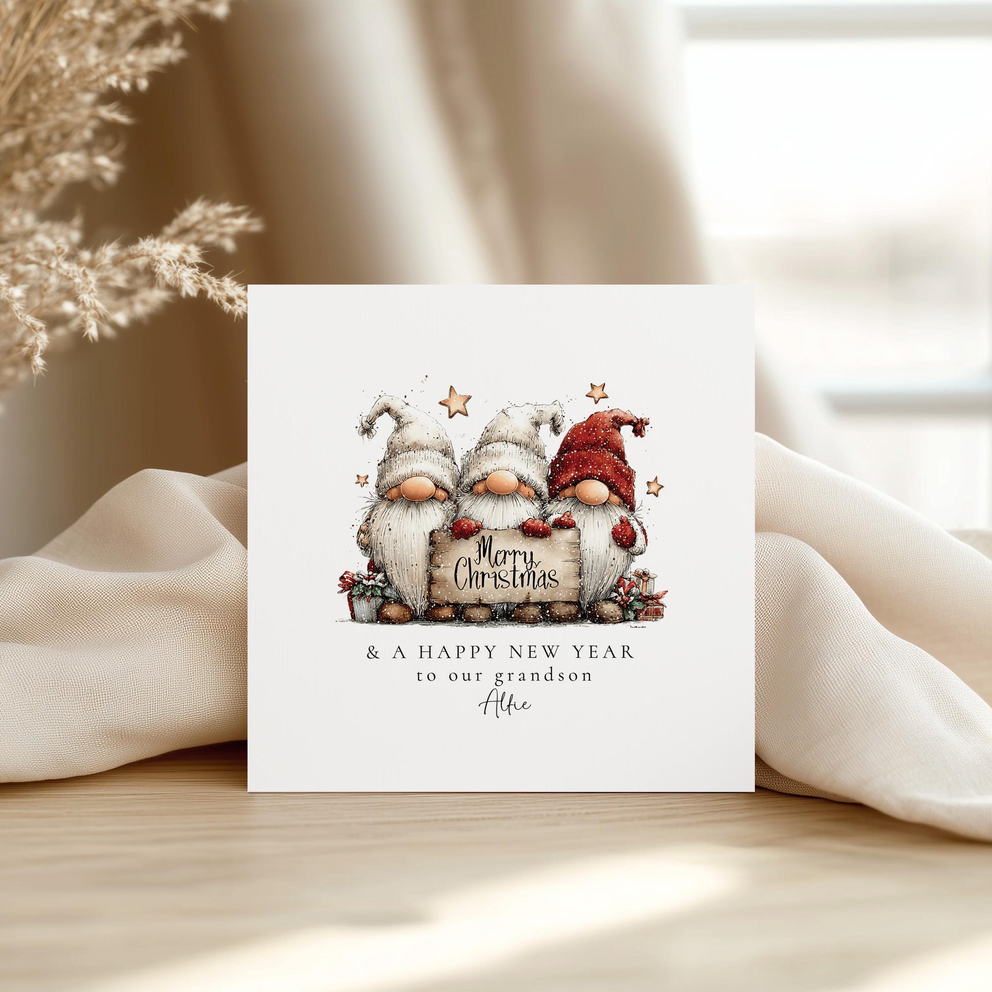 Christmas Card for Grandson, Cute Gnome Christmas Card, Merry Christmas and Happy New Year Card, Personalised Gonk Card