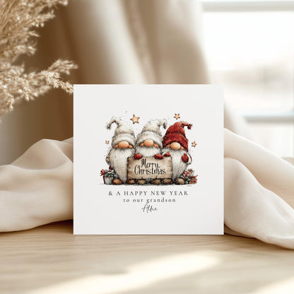 Christmas Card for Grandson, Cute Gnome Christmas Card, Merry Christmas and Happy New Year Card, Personalised Gonk Card