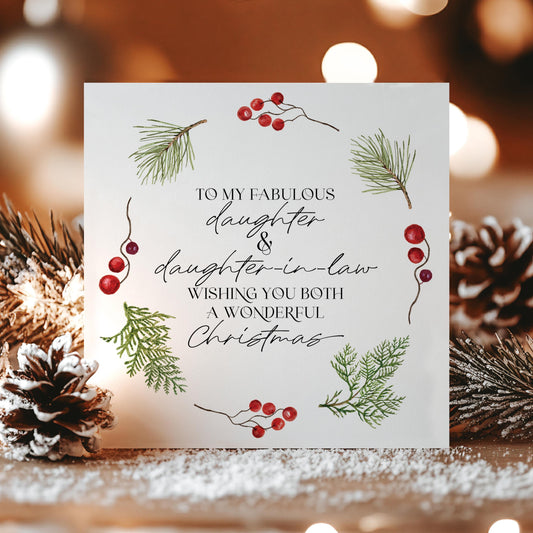 Daughter and Daughter-in-Law Christmas Card, LGBTQ+ Couple Card, Two Daughters Xmas Card, Festive Greeting Card for Both Daughters