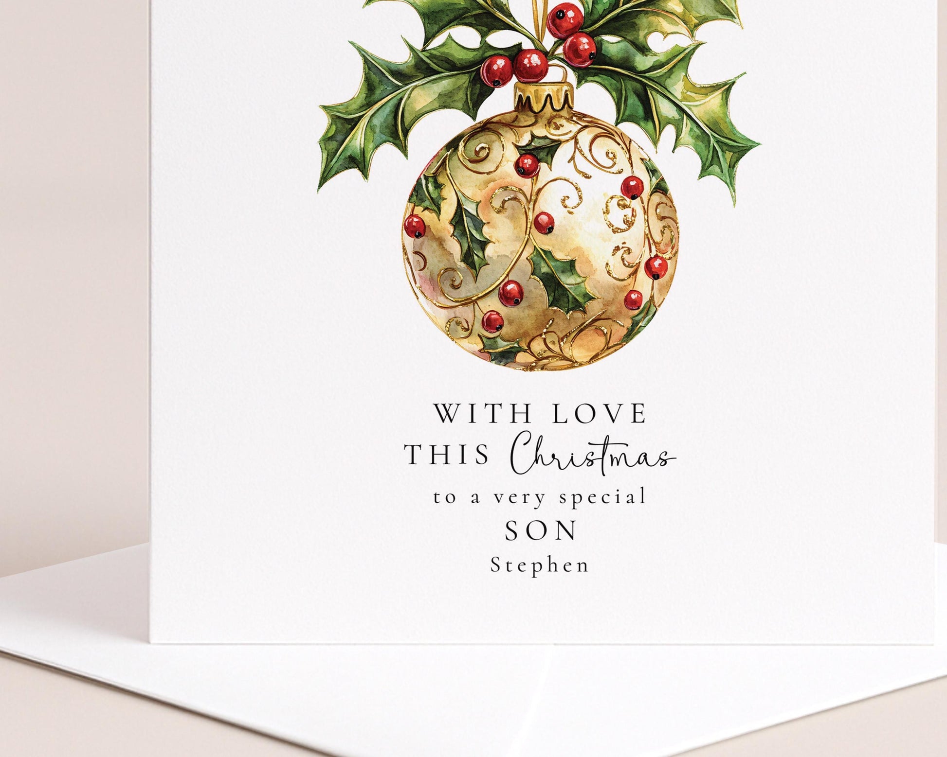 Personalised Christmas Card for Son, Elegant Holly Bauble Christmas Card, Son Xmas Card, Special Son Christmas Greeting