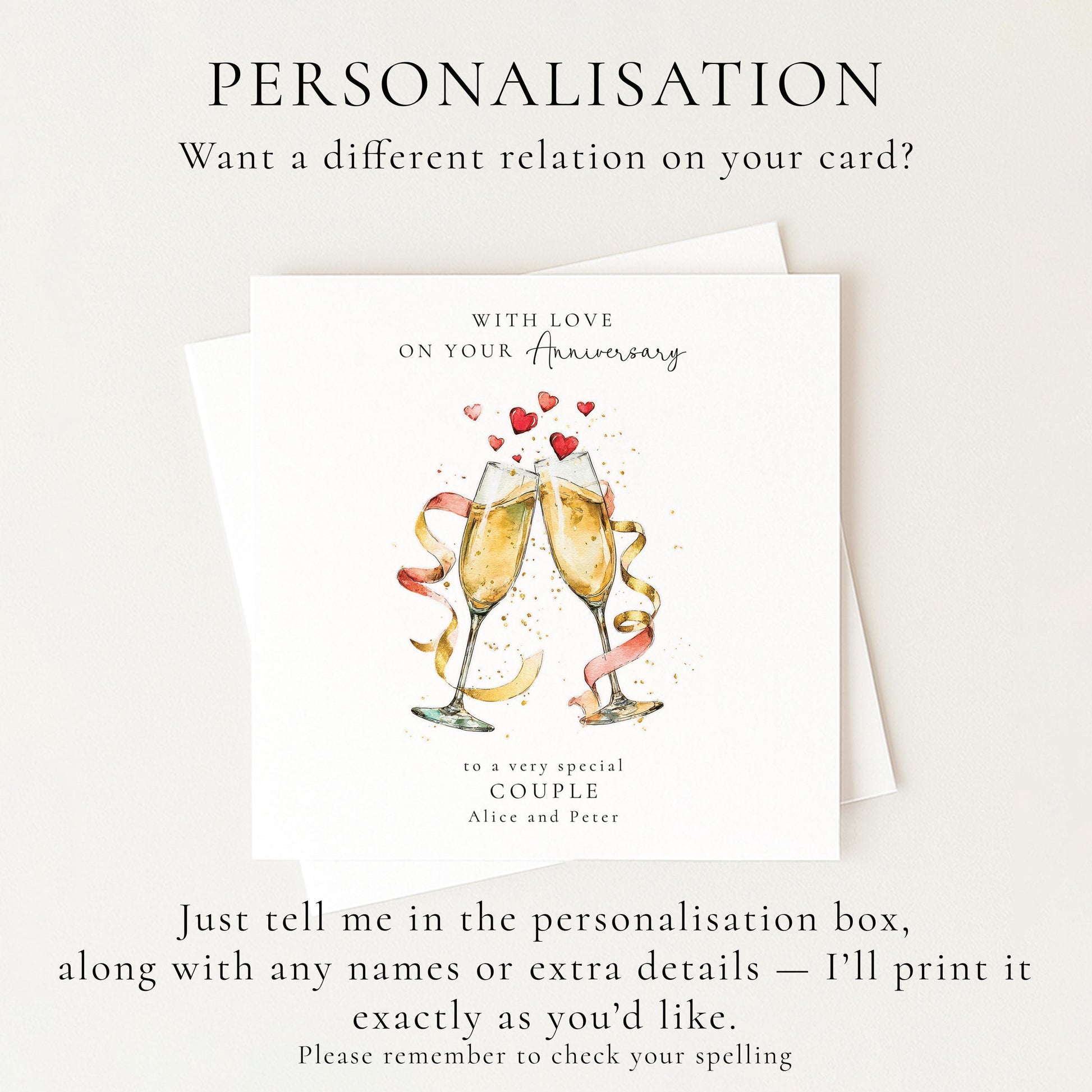 Personalised Anniversary Card for Couple, Anniversary Card with Names, Champagne Glasses Card, Wedding Anniversary Card