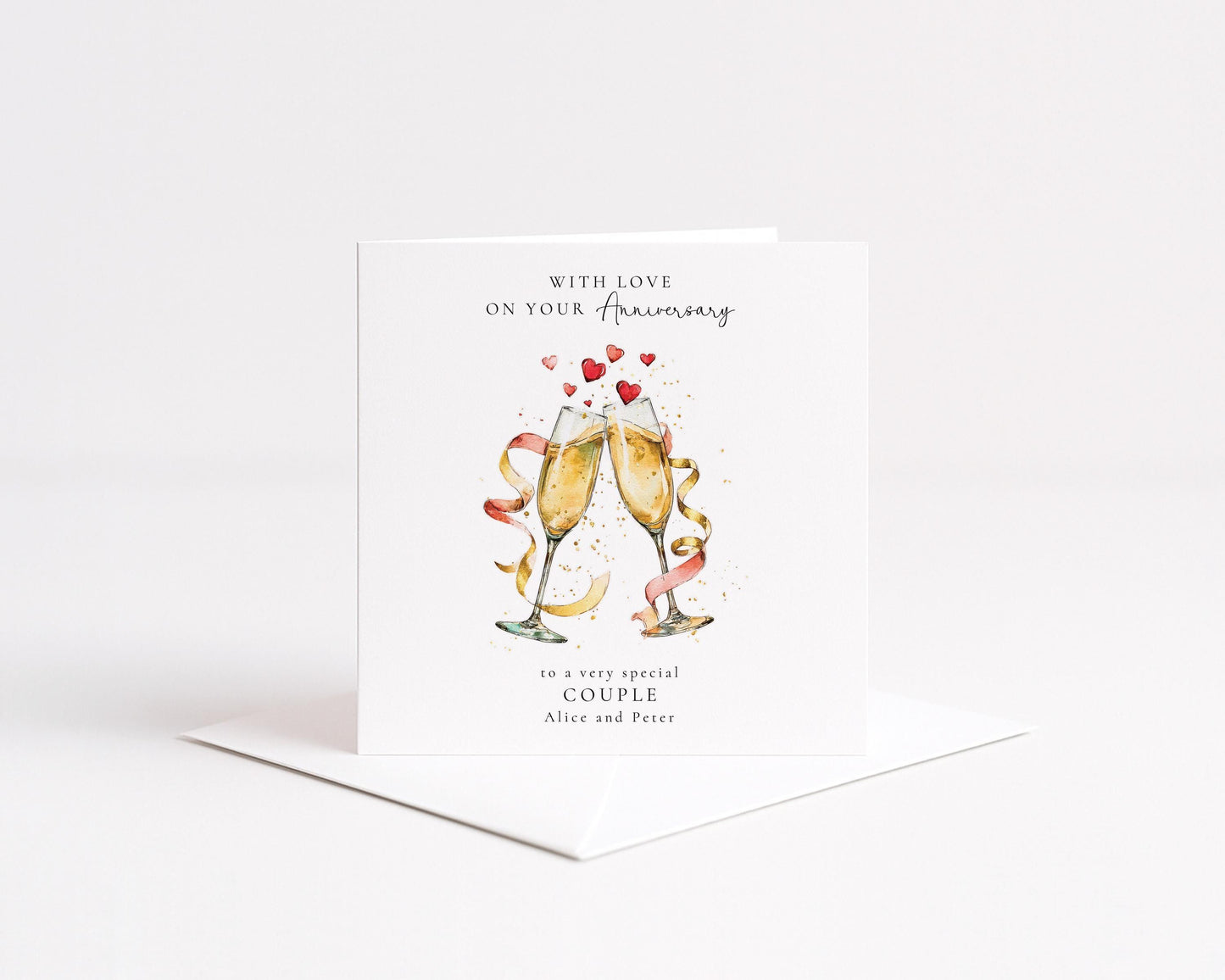 Personalised Anniversary Card for Couple, Anniversary Card with Names, Champagne Glasses Card, Wedding Anniversary Card
