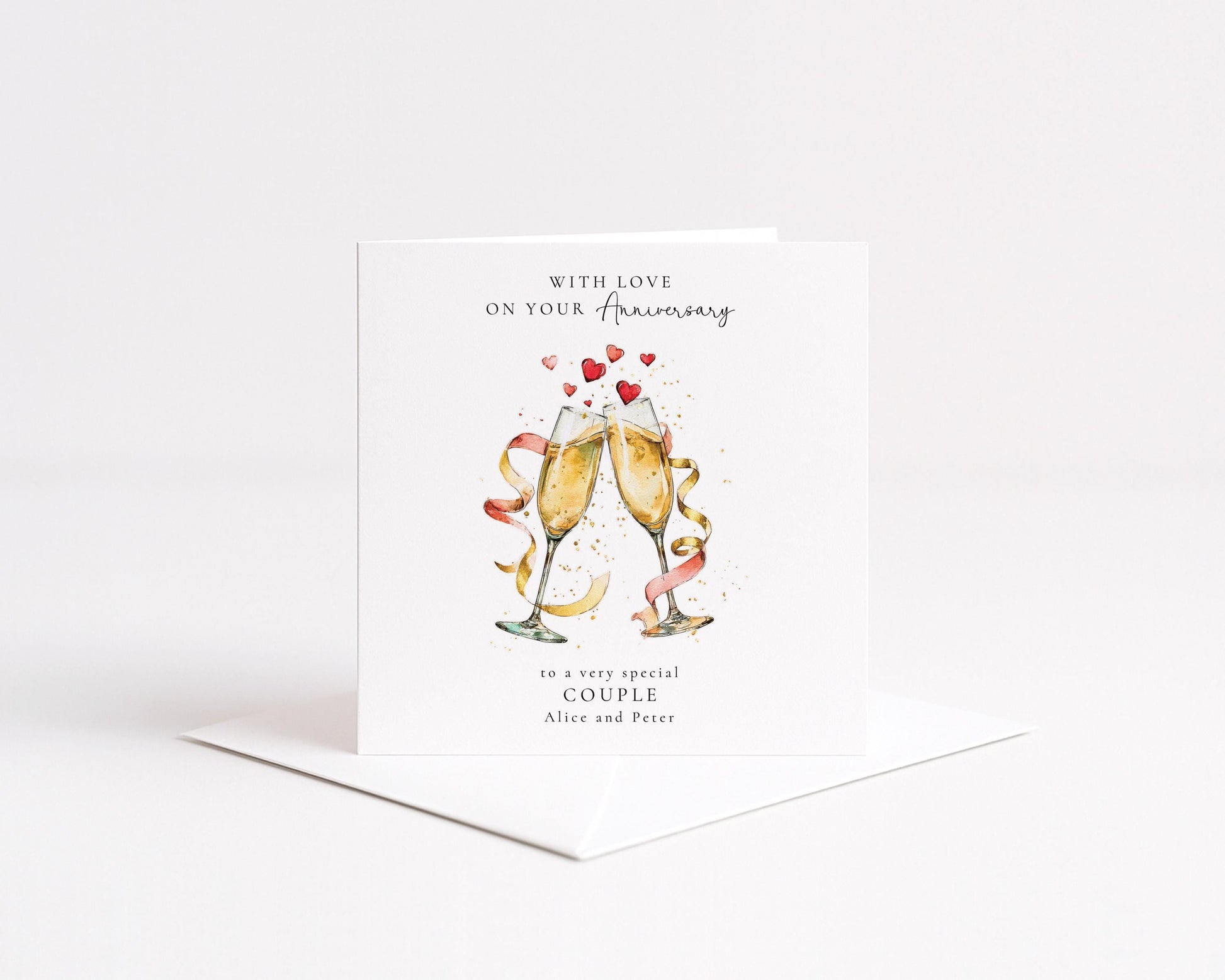 Personalised Anniversary Card for Couple, Anniversary Card with Names, Champagne Glasses Card, Wedding Anniversary Card