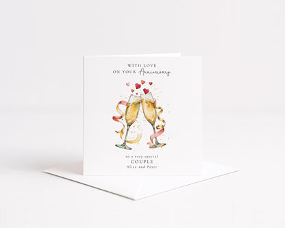 Personalised Anniversary Card for Couple, Anniversary Card with Names, Champagne Glasses Card, Wedding Anniversary Card