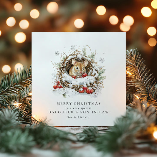 Merry Christmas Daughter & Son-in-Law Card, Personalised Mouse Christmas Card, Cute Winter Animal Card, Custom Name