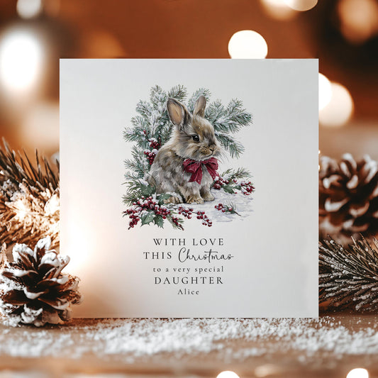 Personalised Christmas Card for Daughter, Cute Bunny Xmas Card, Winter Rabbit Card, Daughter Christmas Greeting
