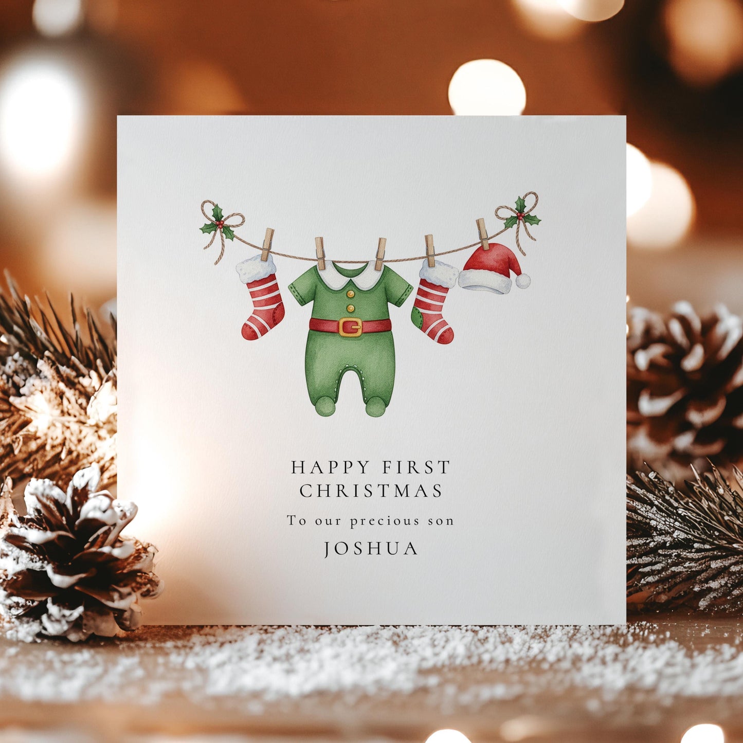 Baby Boy First Christmas Card for Son, Personalised 1st Christmas Card Elf Outfit New Baby Xmas Card Printed Keepsake from Parents or Family