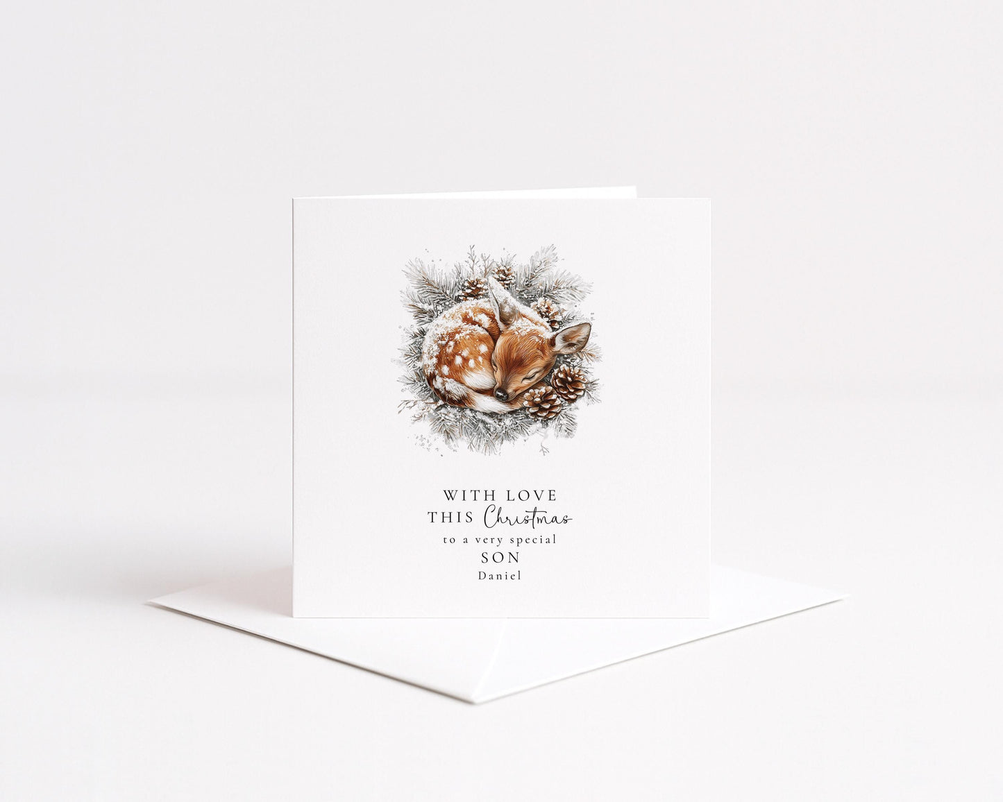 Son Christmas Card, Personalised Deer Xmas Card, Cute Winter Son Card