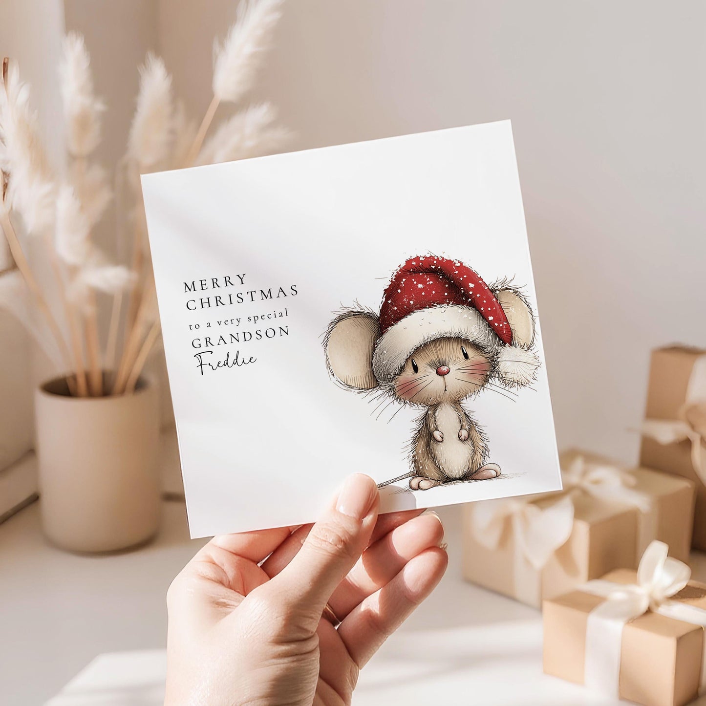 Personalised Grandson Christmas Card, Cute Mouse Xmas Card, Custom Name Christmas Card for Grandson, Kids Holiday Card