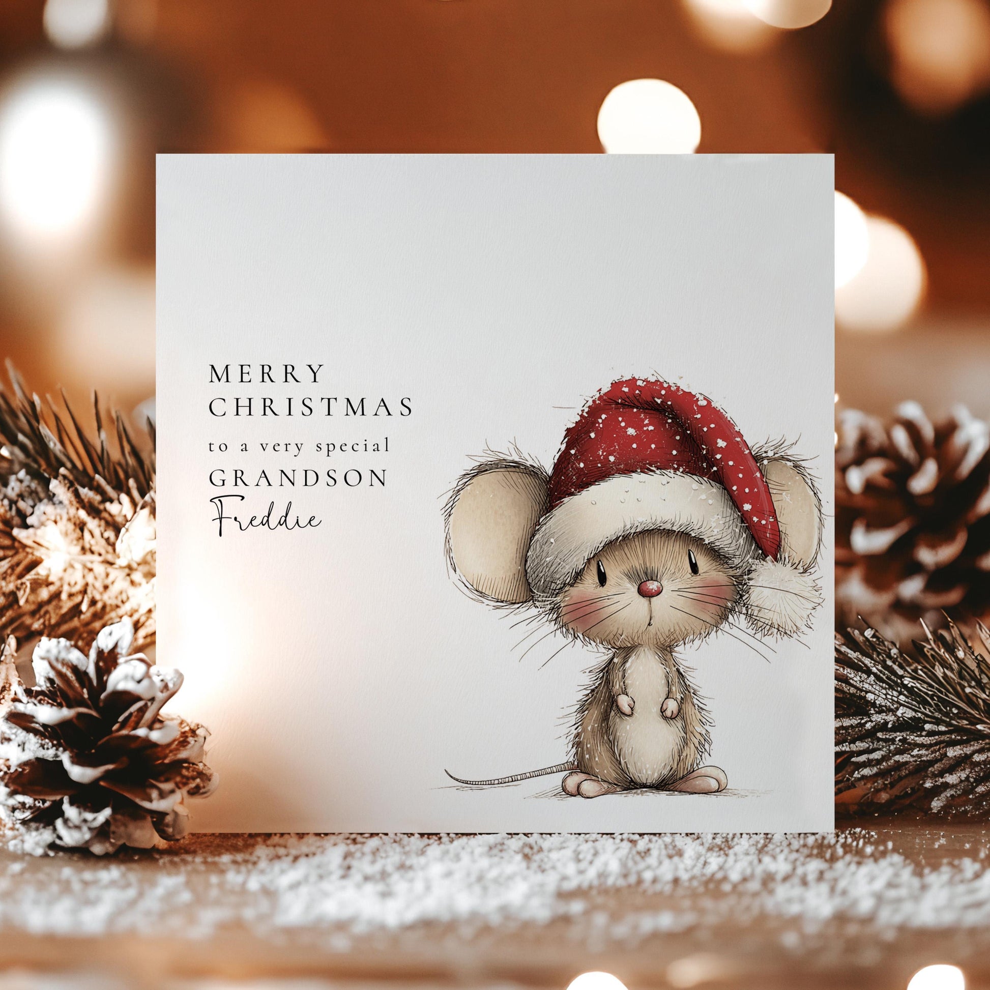 Personalised Grandson Christmas Card, Cute Mouse Xmas Card, Custom Name Christmas Card for Grandson, Kids Holiday Card