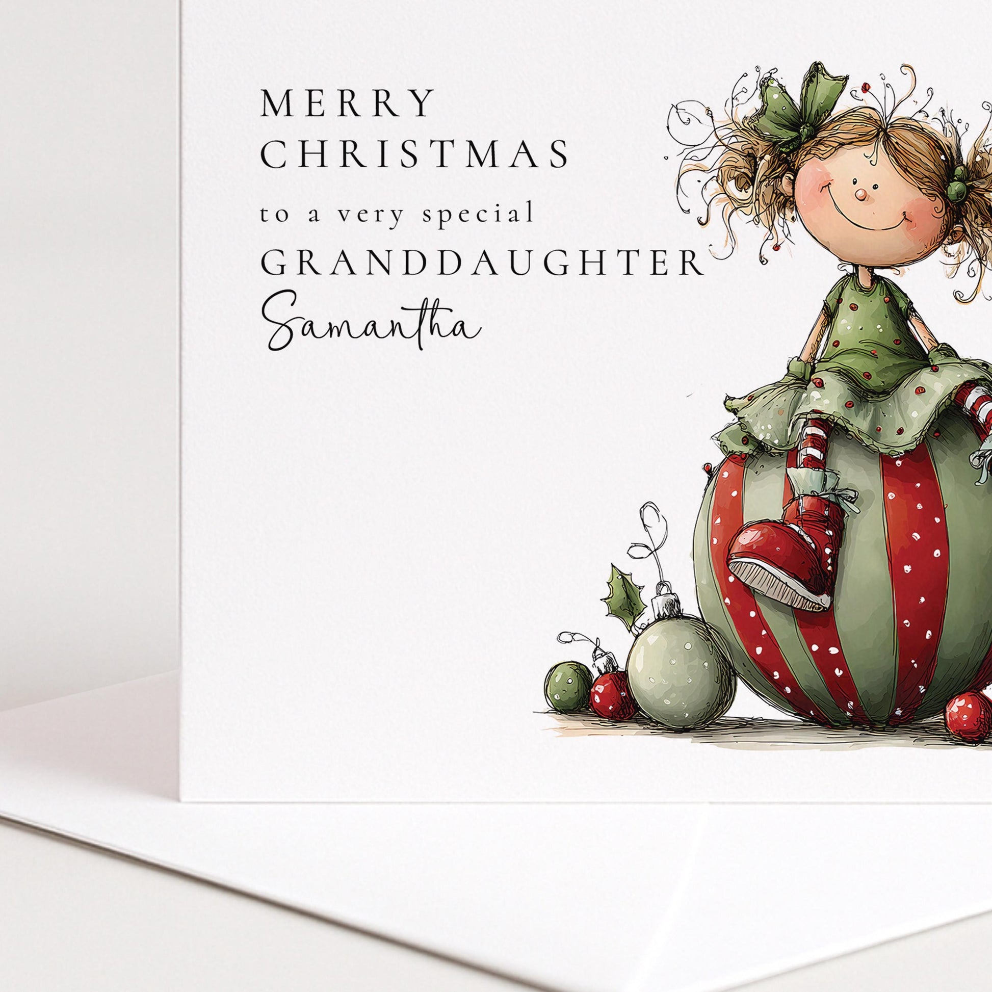 Granddaughter Christmas Card Personalised, Cute Christmas Card for Granddaughter, Festive Girl Illustration, Special Grandchild Xmas Card UK