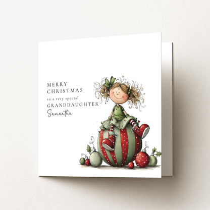 Granddaughter Christmas Card Personalised, Cute Christmas Card for Granddaughter, Festive Girl Illustration, Special Grandchild Xmas Card UK