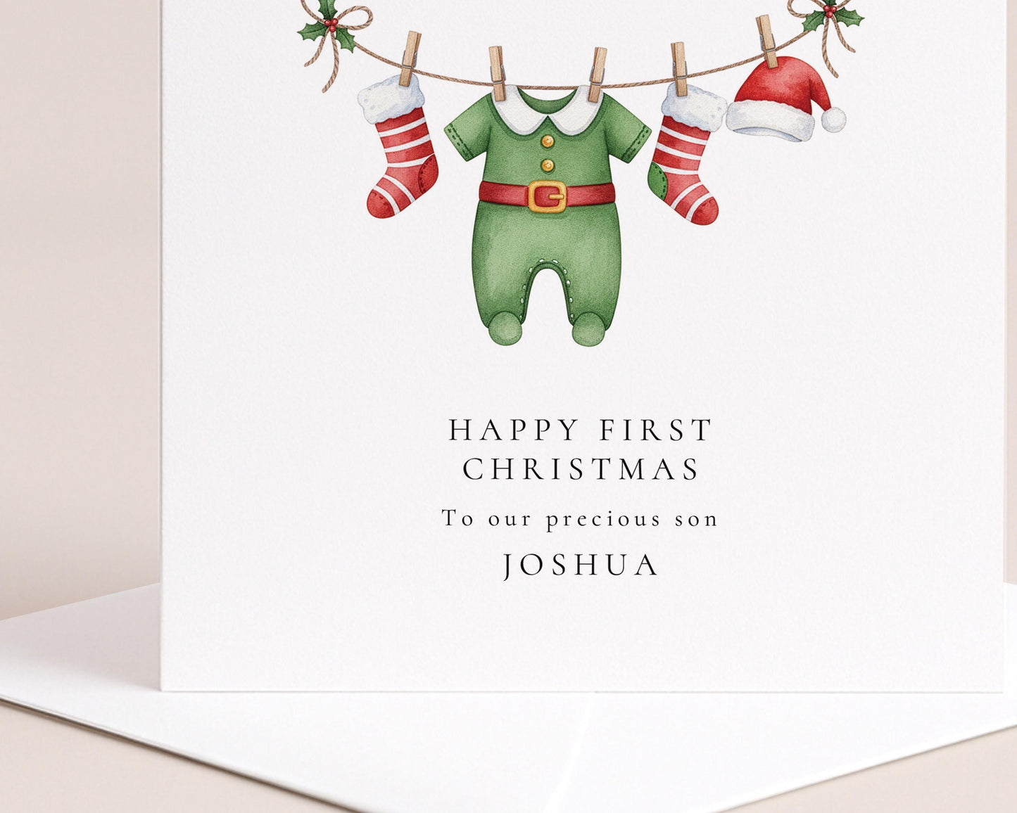 Baby Boy First Christmas Card for Son, Personalised 1st Christmas Card Elf Outfit New Baby Xmas Card Printed Keepsake from Parents or Family