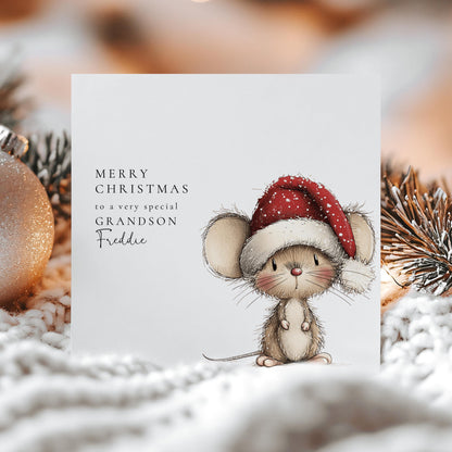 Personalised Grandson Christmas Card, Cute Mouse Xmas Card, Custom Name Christmas Card for Grandson, Kids Holiday Card