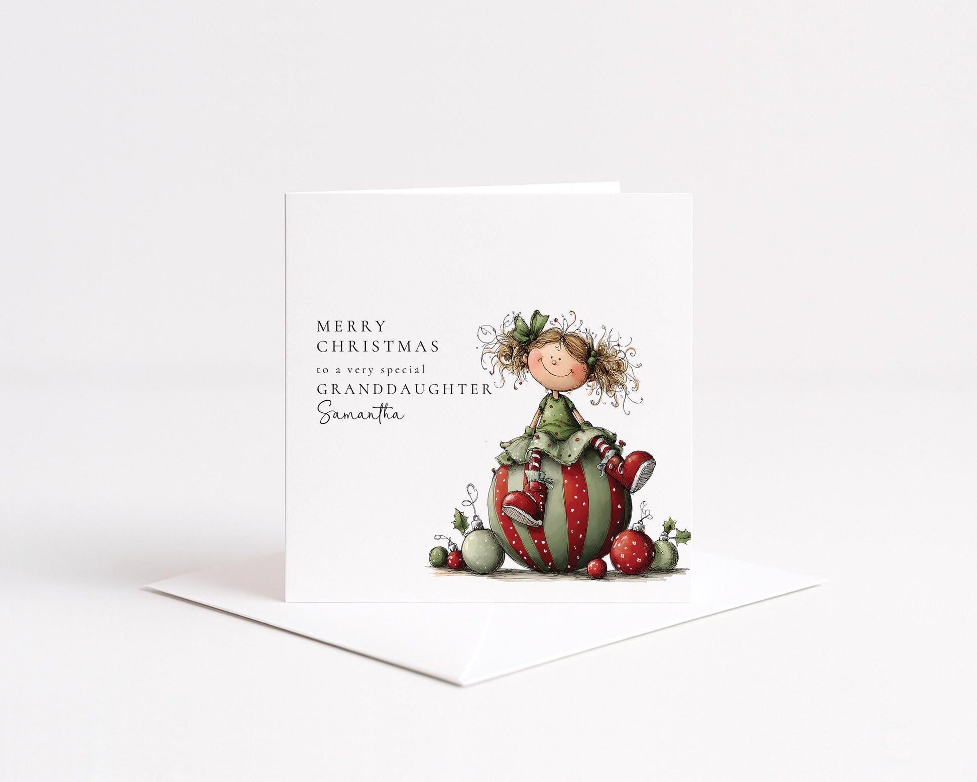 Granddaughter Christmas Card Personalised, Cute Christmas Card for Granddaughter, Festive Girl Illustration, Special Grandchild Xmas Card UK