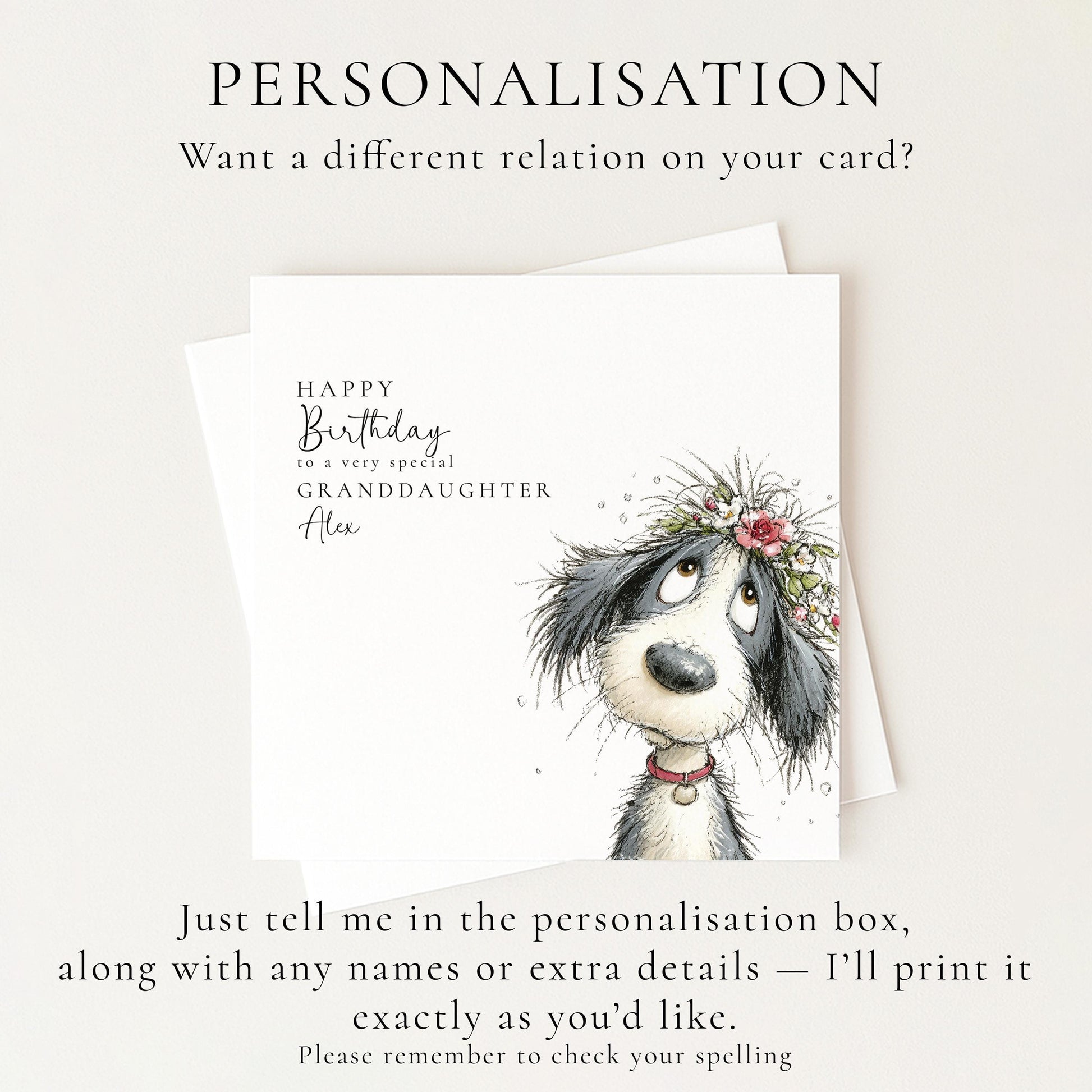 Granddaughter Birthday Card, Cute Dog Birthday Card, Personalised Granddaughter Card, Floral Dog Birthday Card, Printed Birthday Card