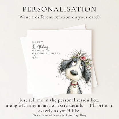 Granddaughter Birthday Card, Cute Dog Birthday Card, Personalised Granddaughter Card, Floral Dog Birthday Card, Printed Birthday Card
