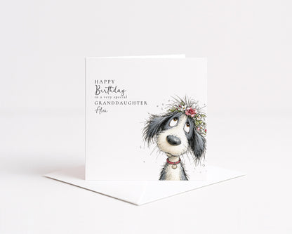 Granddaughter Birthday Card, Cute Dog Birthday Card, Personalised Granddaughter Card, Floral Dog Birthday Card, Printed Birthday Card