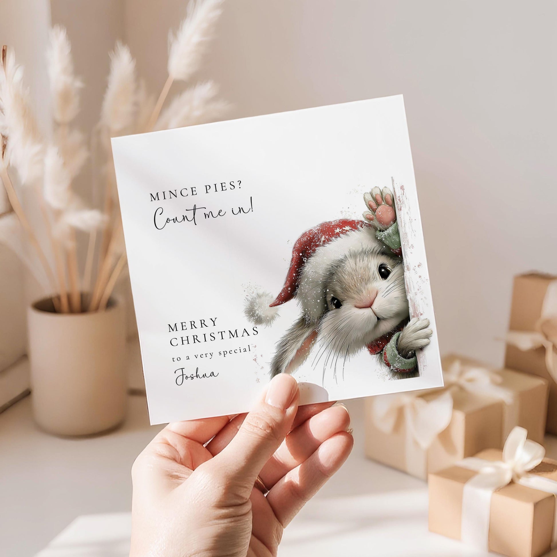 Funny Christmas Card Mince Pies, Cute Bunny Christmas Card Personalised, Kids Xmas Card, Cute Animal Card for Grandson Granddaughter