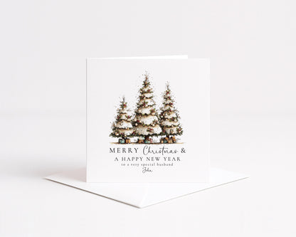 Christmas Husband Card, Personalised Merry Christmas Card for Husband, Custom Name Christmas Tree Card, Festive Greeting Card