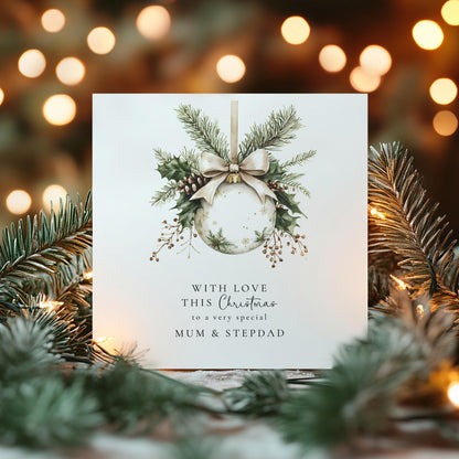 Festive Bauble Card for Mum and Stepdad, Elegant Christmas Card, With Love This Christmas, Personalised Family Christmas Card
