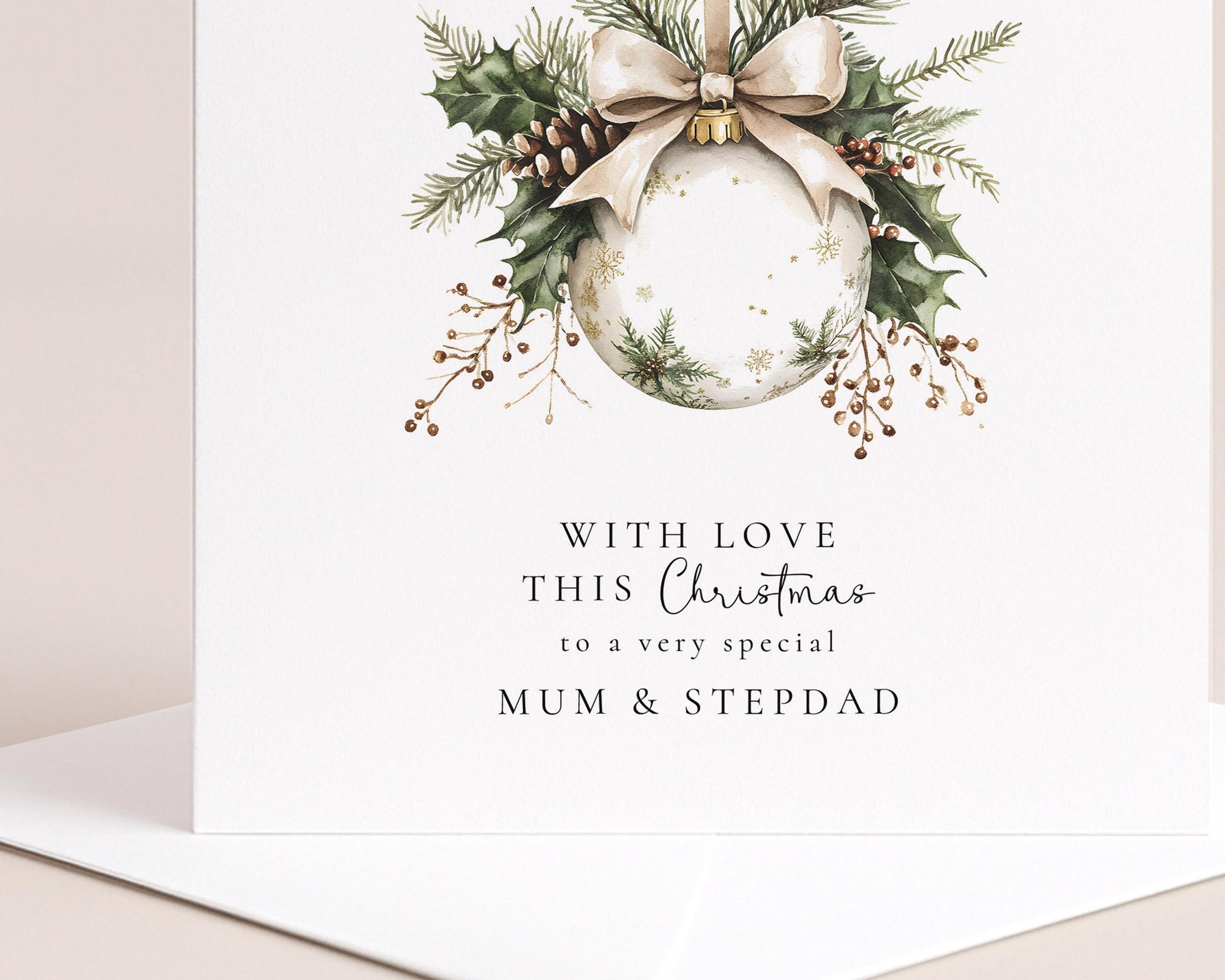 Festive Bauble Card for Mum and Stepdad, Elegant Christmas Card, With Love This Christmas, Personalised Family Christmas Card