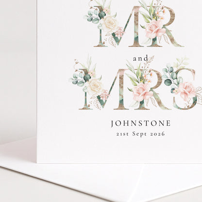 Personalised Wedding Card for Mr and Mrs, Floral Newlyweds Card, Elegant Wedding Card, Custom Couple Name Card