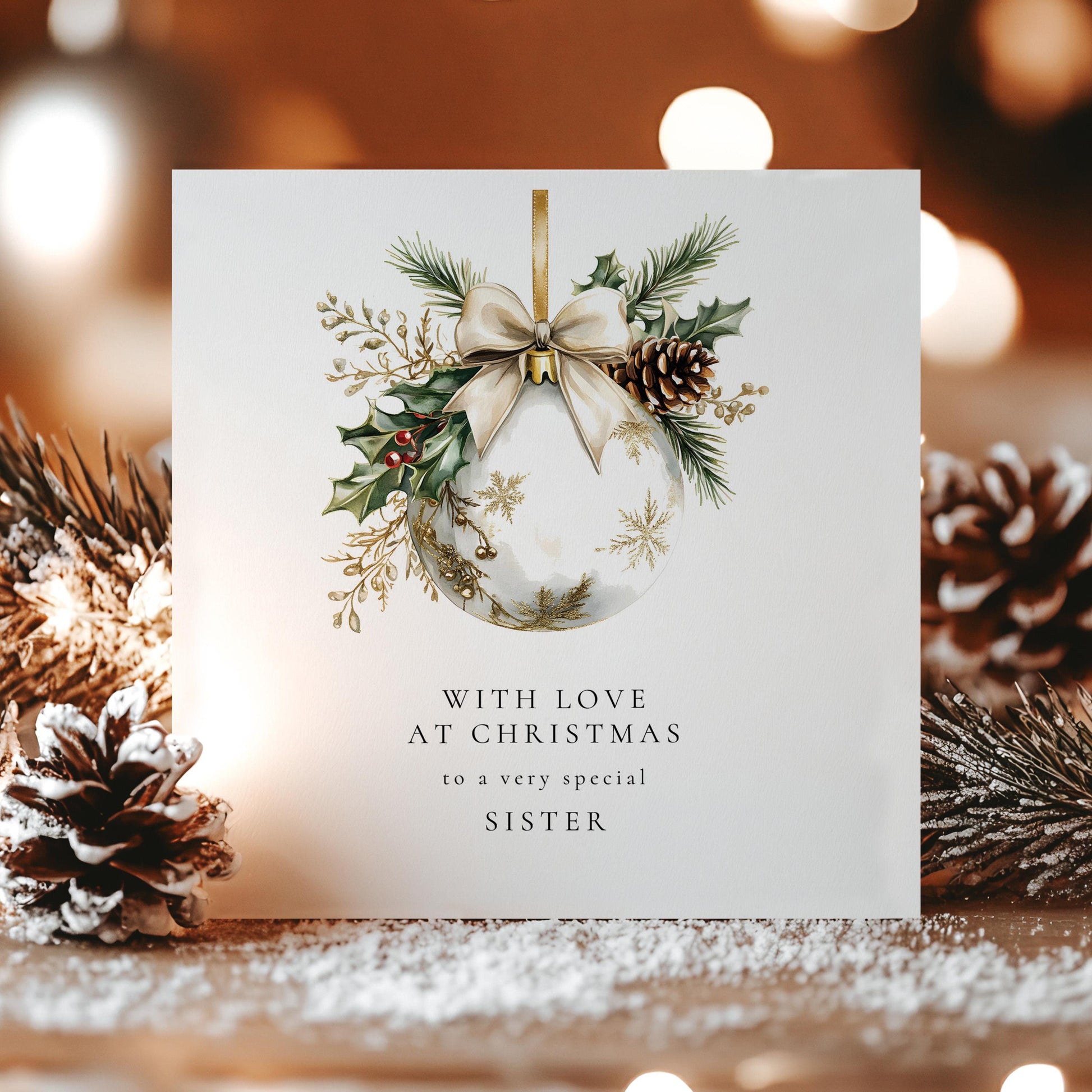 Christmas Card for Sister, With Love at Christmas, Elegant Bauble Design, Special Sister Christmas Card, Luxury Floral Festive Card