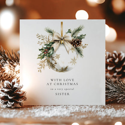 Christmas Card for Sister, With Love at Christmas, Elegant Bauble Design, Special Sister Christmas Card, Luxury Floral Festive Card